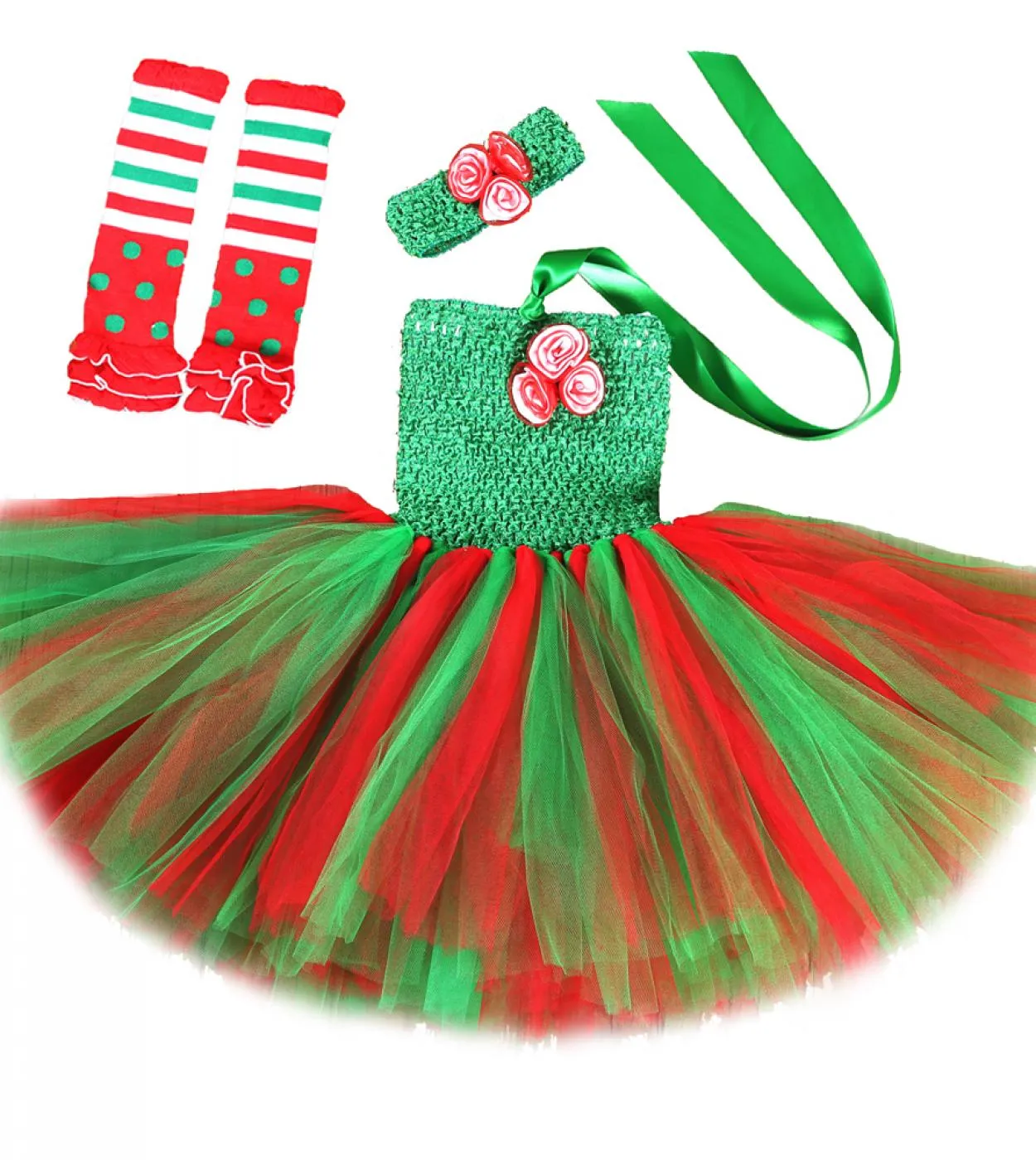 Vestito da tutu natalizio per neonate con calze Fascia per capelli Costume da festa di Natale per bambina Abiti da capodanno Ves