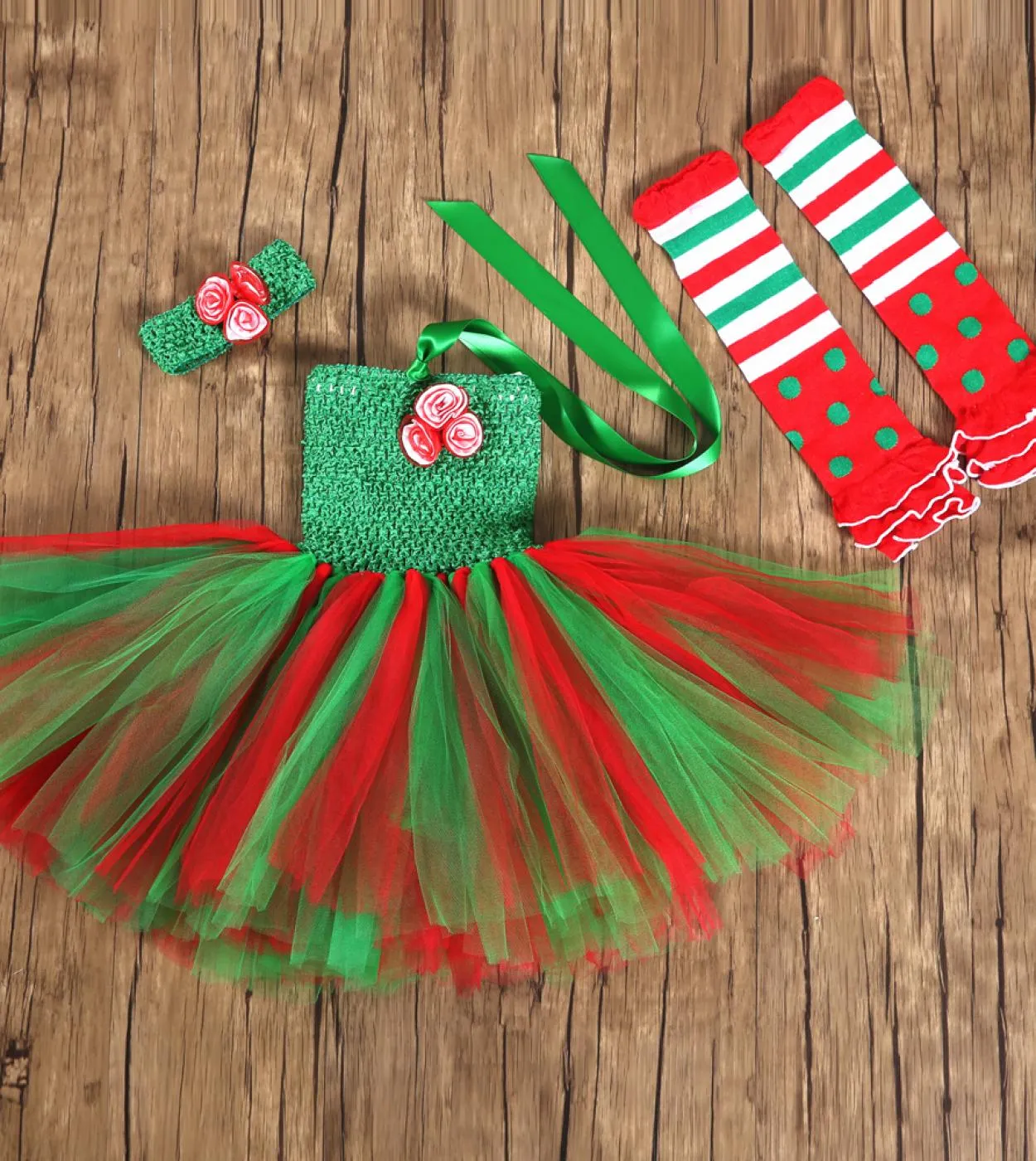 Vestito da tutu natalizio per neonate con calze Fascia per capelli Costume da festa di Natale per bambina Abiti da capodanno Ves